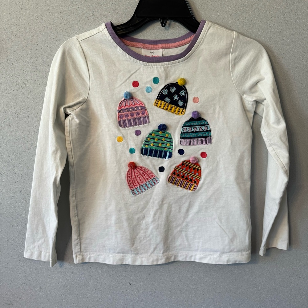 Hanna Andersson Kids White Winter Beanie Graphic Long Sleeve Tee Size 140 - Picture 1 of 6